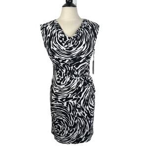 NEW Calvin Klein Size 8 Black White Drape Neck Faux Wrap Sleeveless Dress